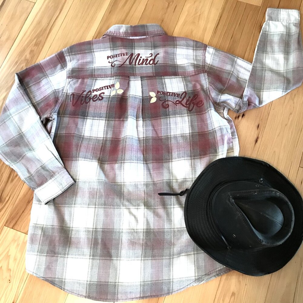 Upcycled Bleached Heavy Flannel Shirt, Painted Positive Vibes Brown White XL